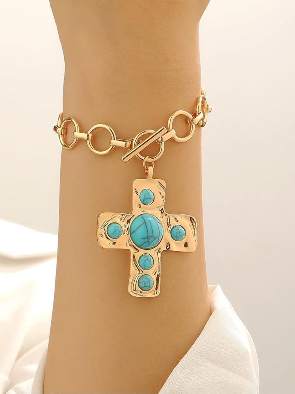 New  Gold-Tone Chain Necklace with Turquoise Cross Pendant
